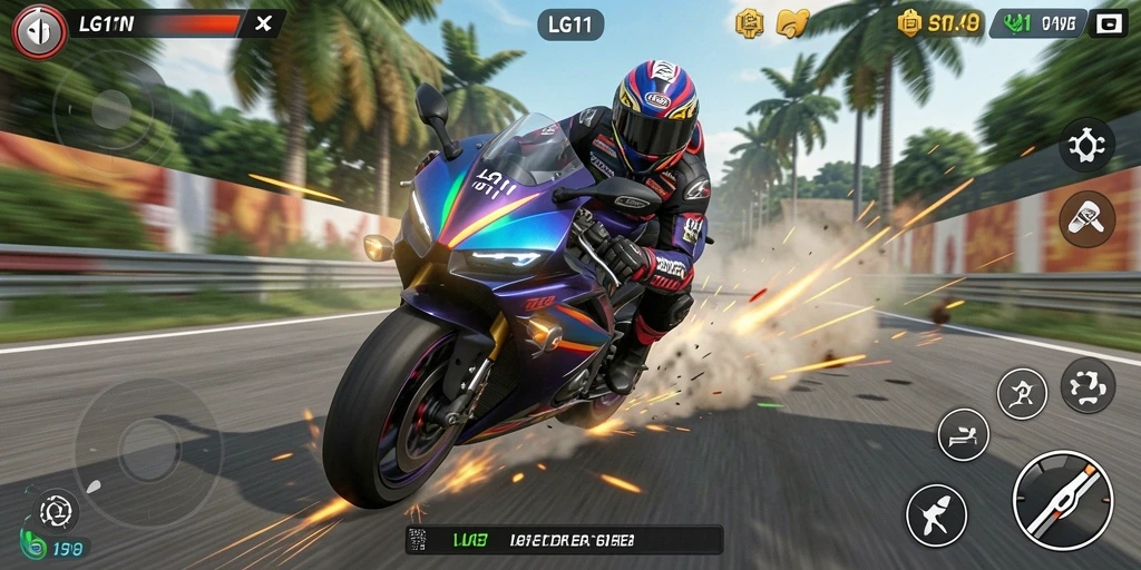 Tampilan gameplay LG111 yang seru dengan sepeda motor balap.