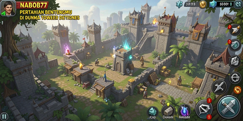 Screenshot gameplay NABOB77 yang menampilkan pertahanan tower melawan gelombang musuh.